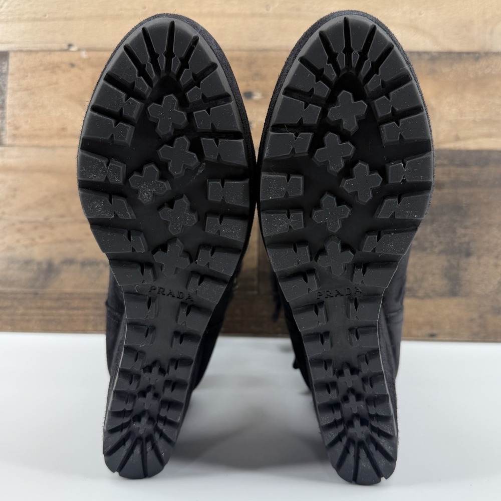 Prada Women's Black Suede Wedge Boots Size 38 (US 7.5-8) Buckle Strap Lug Sole - Picture 11 of 12